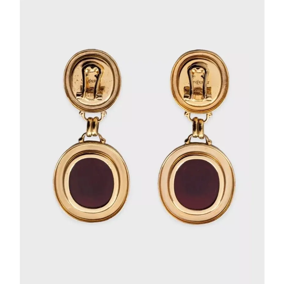 Saint Laurent Elegant Gold Drop Clip-On Statement Earrings pre-owned Gold Good - Back View