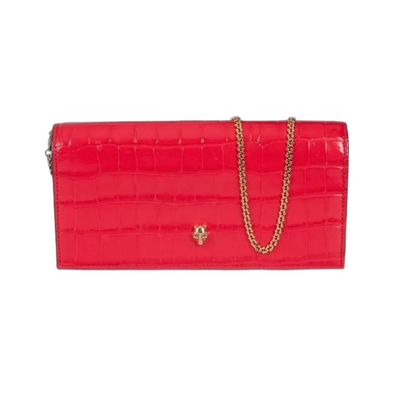 Alexander McQueen Red Embossed Leather Chain Clutch Pre-owned Red Leather Good - Front View