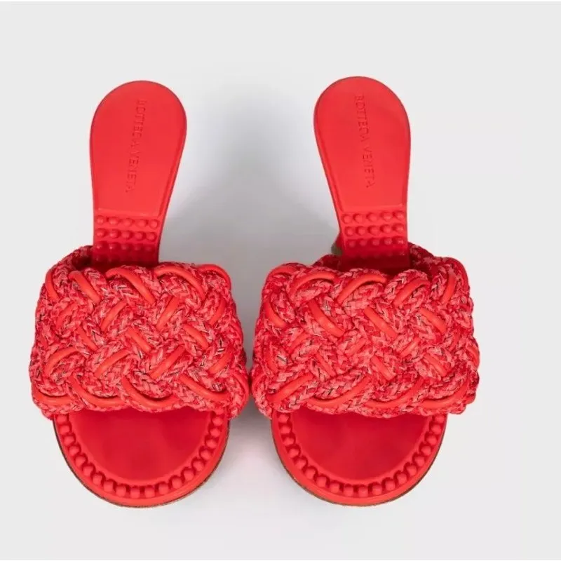 Bottega Veneta Red Mules with Chunky Woven Detail, Size 38 Pre-owned Red Leather Good - Back View