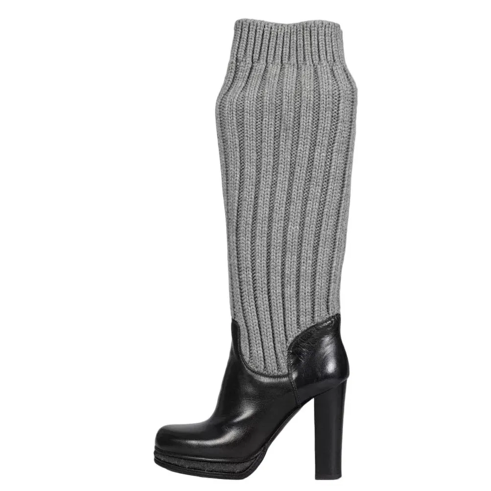 Dolce & Gabbana Dolce & Gabbana Black Leather Knitted Boots sz.37 pre-owned Black Leather Good - Front View