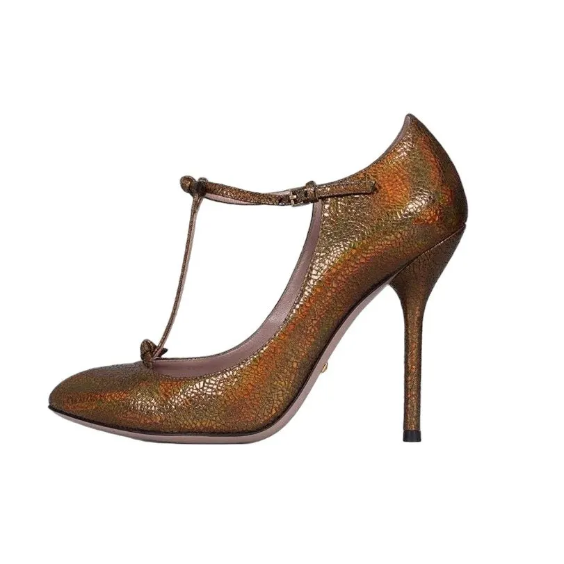 Gucci Brown Leather T-Strap Stiletto Heels Sz.36.5 pre-owned Brown Leather Good - Front View