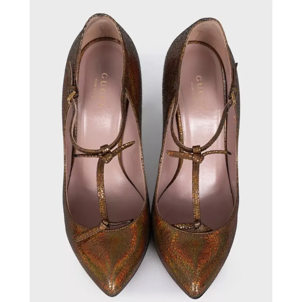 Gucci Brown Leather T-Strap Stiletto Heels Sz.36.5 pre-owned Brown Leather Good - Back View
