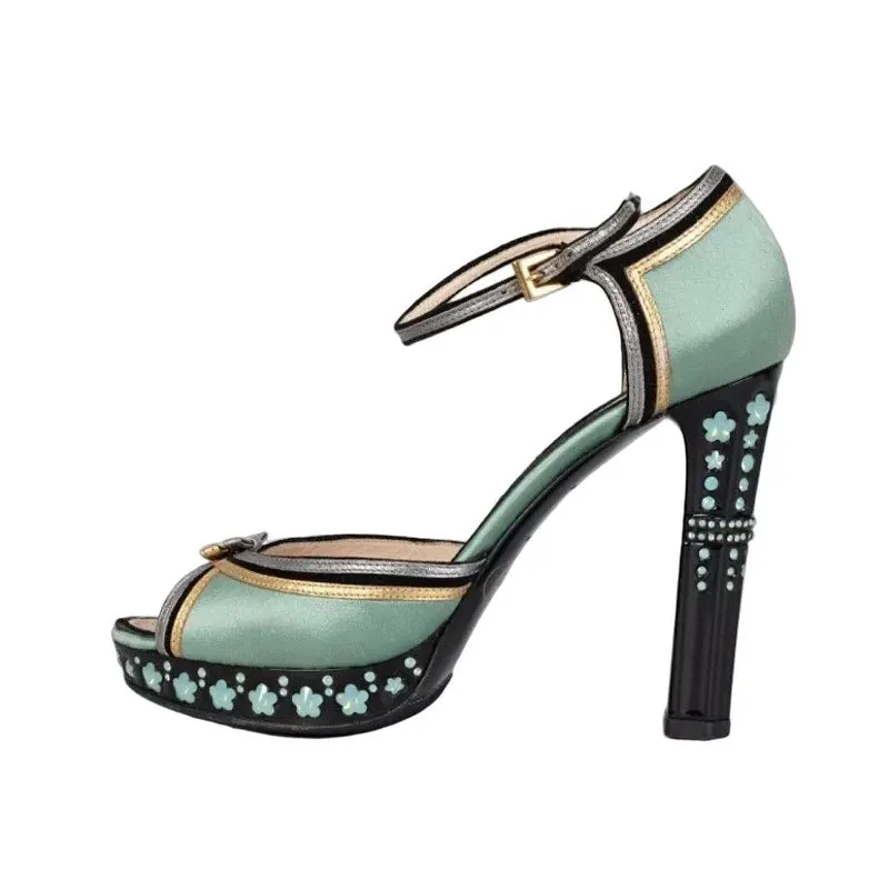 Prada Prada Light Blue Textile Heeled Sandals with Crystal Heel Sz.37.5 Pre-owned Blue Leather Good - Front View