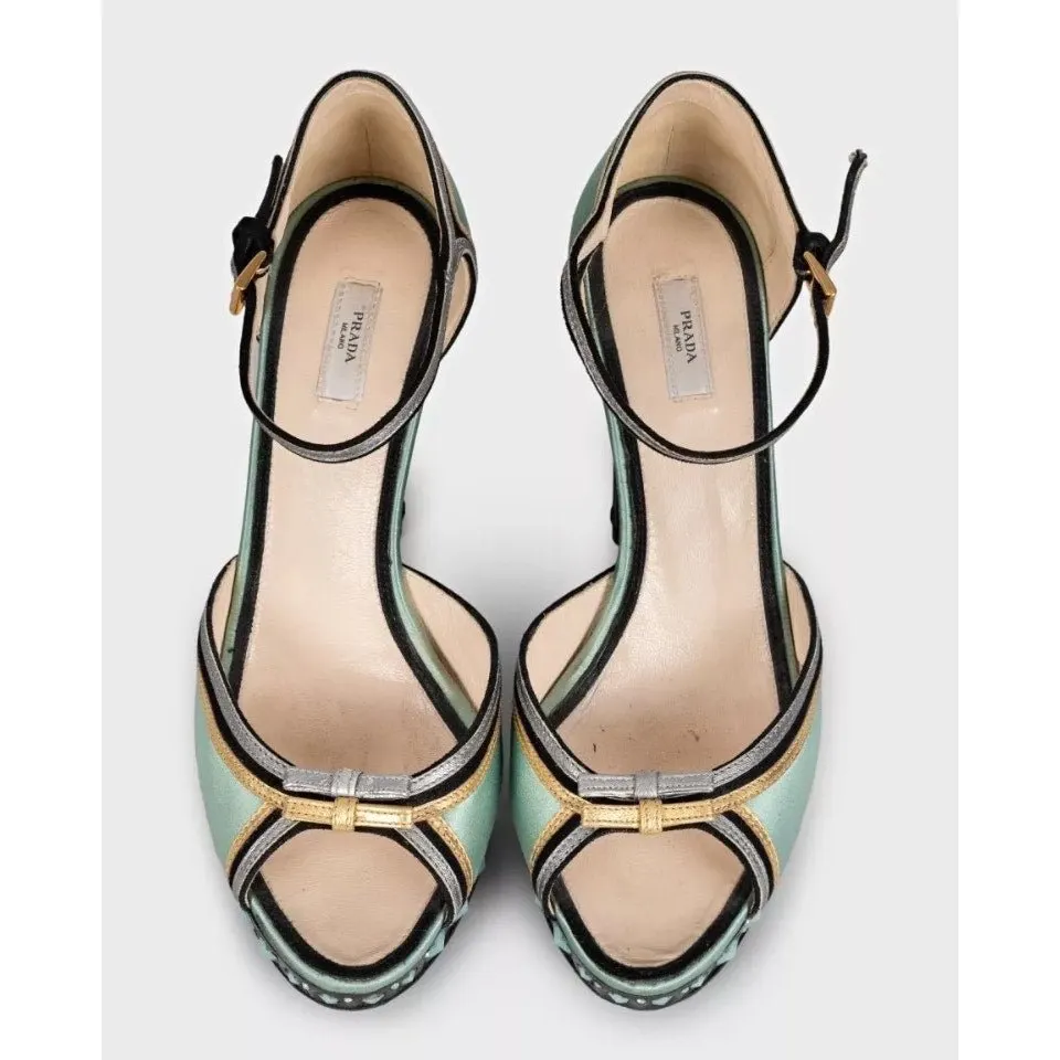 Prada Prada Light Blue Textile Heeled Sandals with Crystal Heel Sz.37.5 Pre-owned Blue Leather Good - Back View