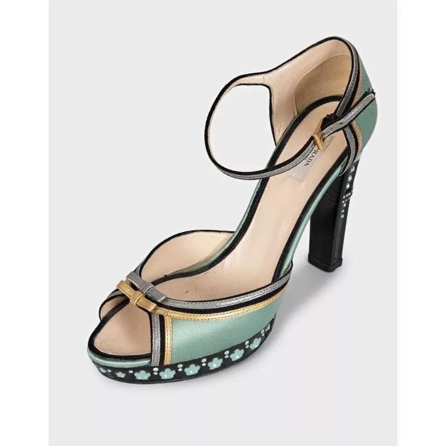 Prada Prada Light Blue Textile Heeled Sandals with Crystal Heel Sz.37.5 Pre-owned Blue Leather Good - Inside View