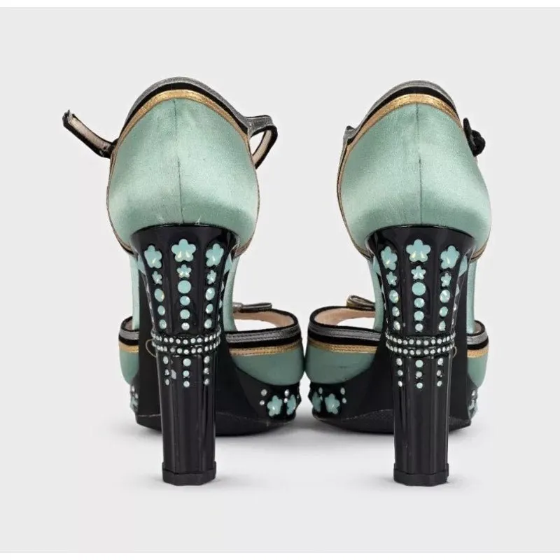 Prada Prada Light Blue Textile Heeled Sandals with Crystal Heel Sz.37.5 Pre-owned Blue Leather Good - Model View