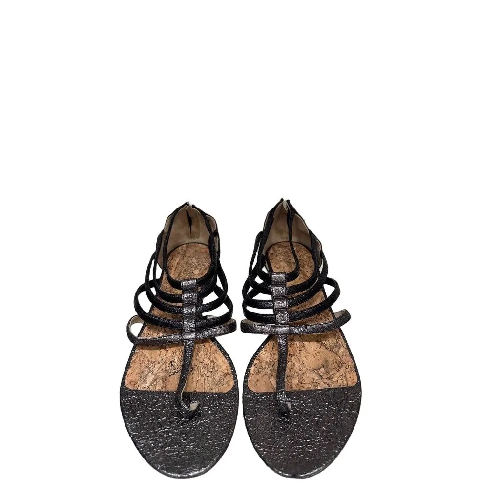 Chanel T-Strap Metallic Gunmetal Zip Sandals Size 42 pre-owned Black Leather Good - Front View