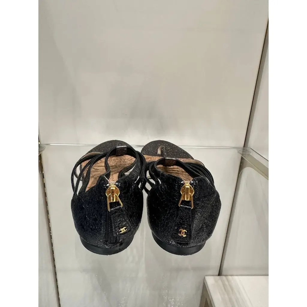 Chanel T-Strap Metallic Gunmetal Zip Sandals Size 42 pre-owned Black Leather Good - Back View