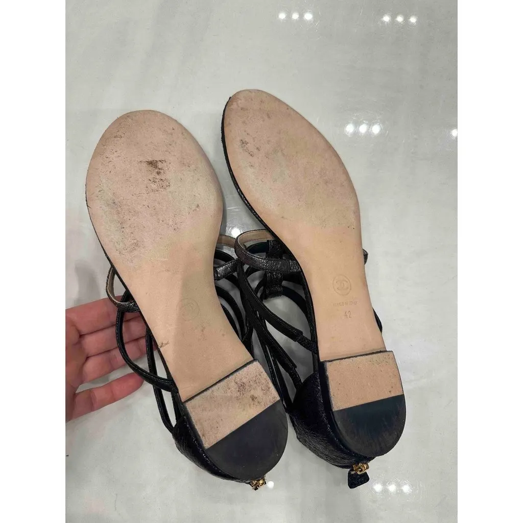 Chanel T-Strap Metallic Gunmetal Zip Sandals Size 42 pre-owned Black Leather Good - Model View