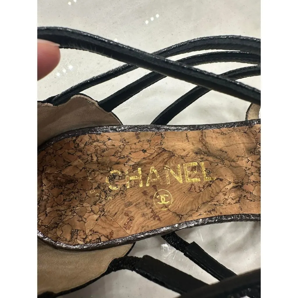 Chanel T-Strap Metallic Gunmetal Zip Sandals Size 42 pre-owned Black Leather Good - Box View