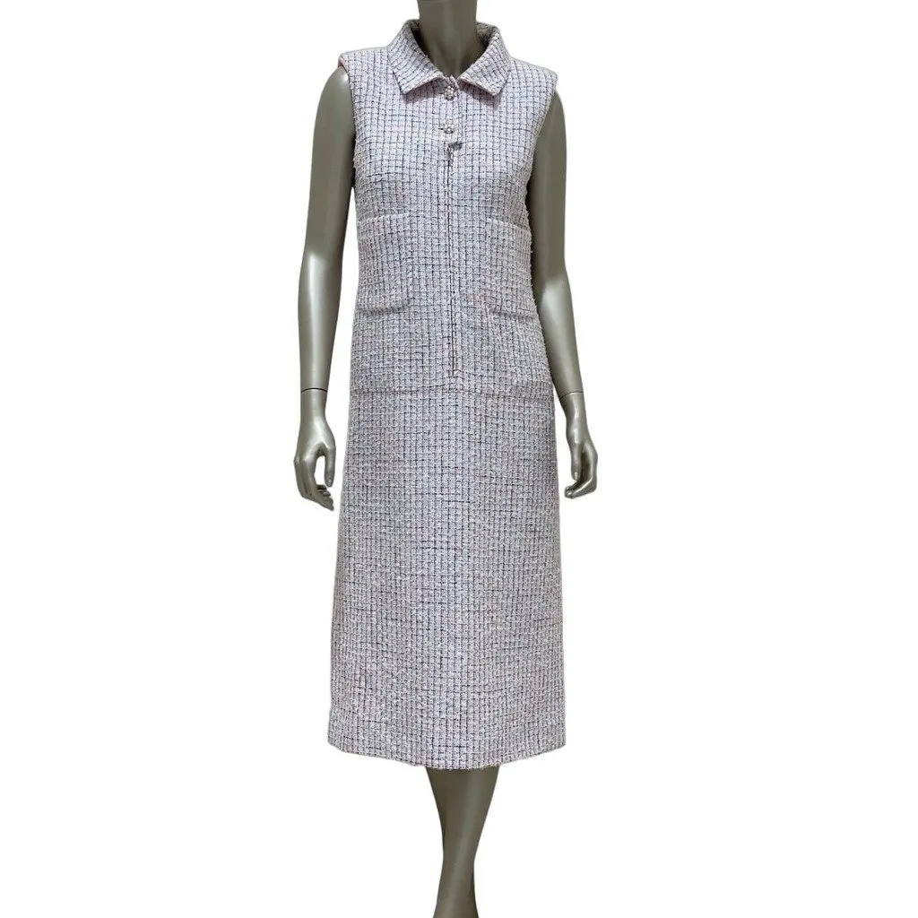 Chanel Light Pink & White Fantasy Tweed Dress Sz.38 pre-owned White Tweed Good - Front View