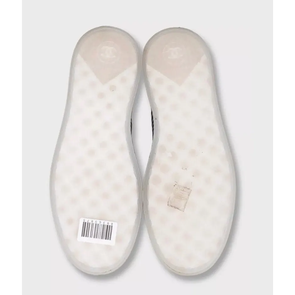 Chanel White Striped Leather & Textile Sneakers - Size 38 Pre-owned White Leather Good - Box View