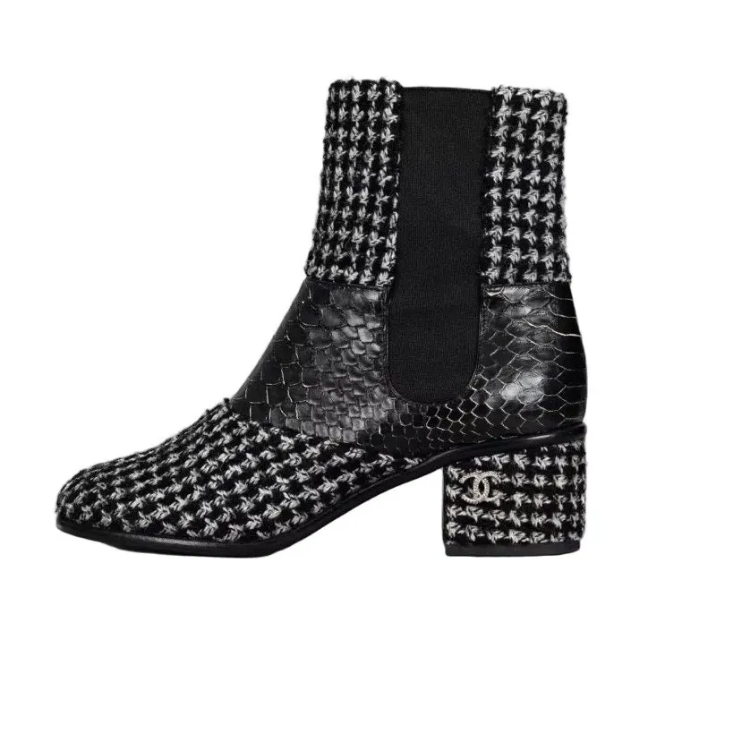 Chanel Tweed Ankle Boots, Size 38.5 Pre-owned MultiColor Tweed Good - Front View