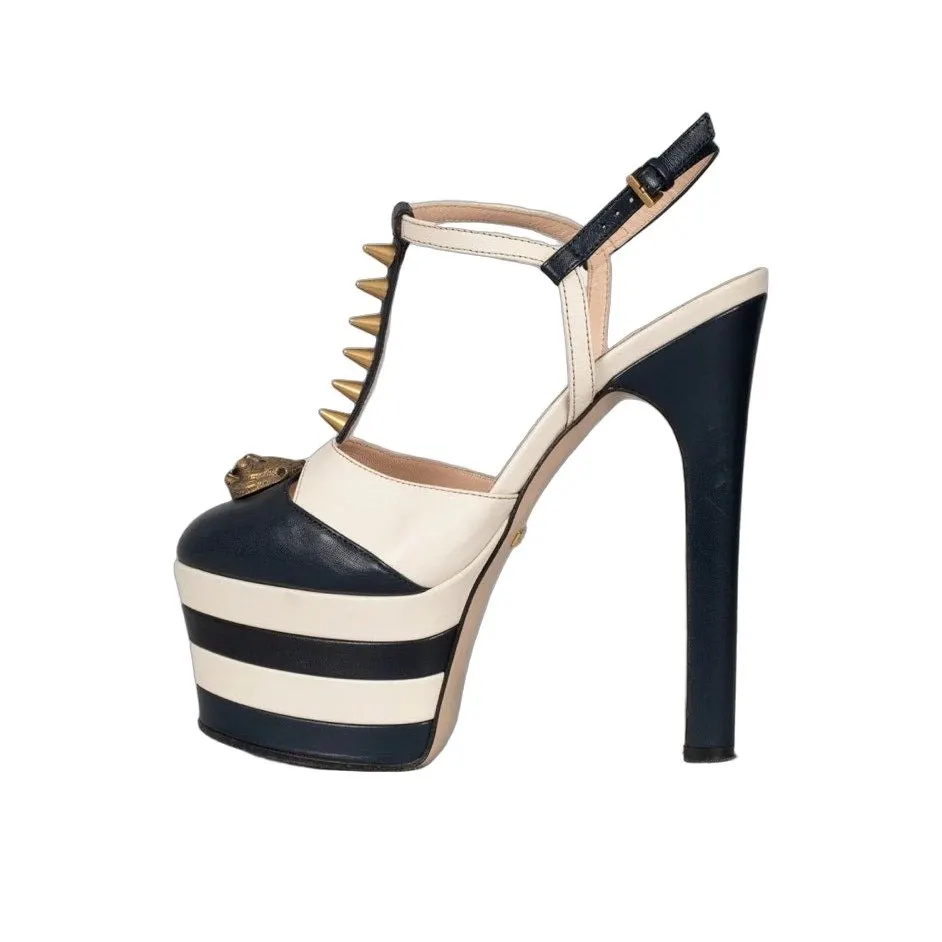 Gucci Blue Leather Block Heels with Gold Studs, Size 36 pre-owned Blue Leather Good - Front View