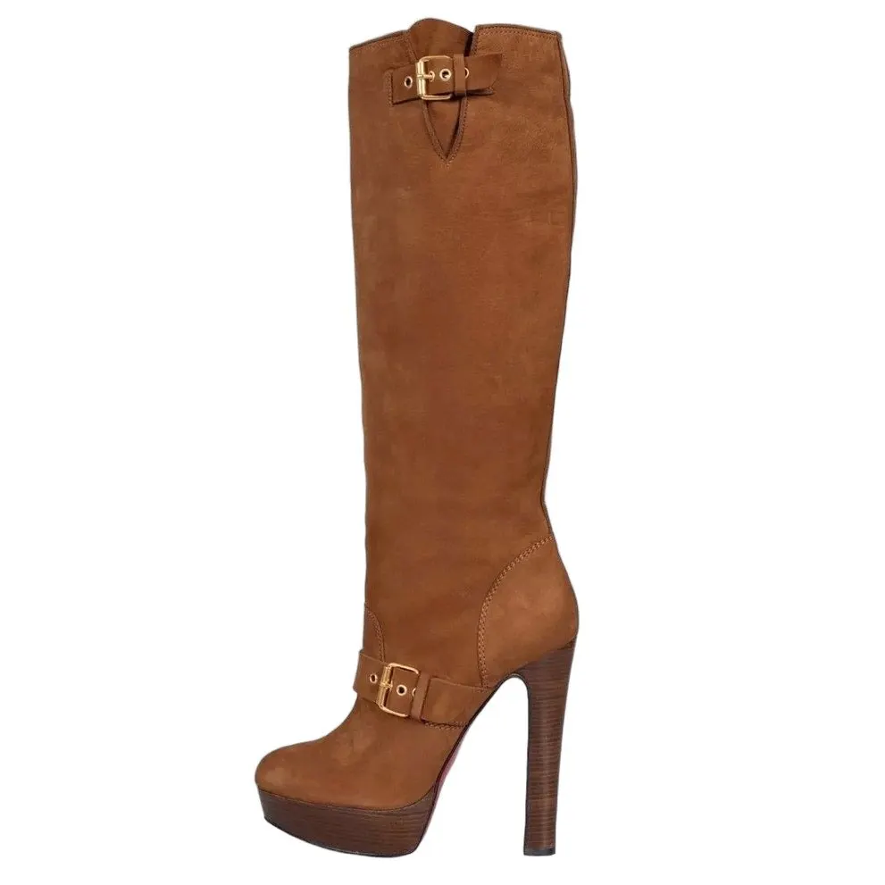 Christian Louboutin Brown Suede Boots with Gold Buckles Sz.39.5 Pre-owned Brown Suede Good - Front View