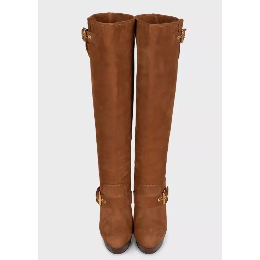 Christian Louboutin Brown Suede Boots with Gold Buckles Sz.39.5 Pre-owned Brown Suede Good - Back View