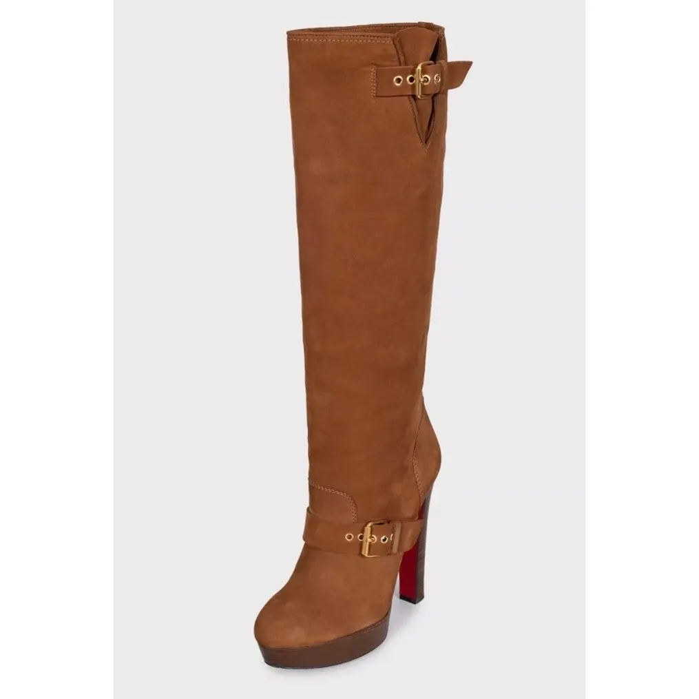 Christian Louboutin Brown Suede Boots with Gold Buckles Sz.39.5 Pre-owned Brown Suede Good - Inside View