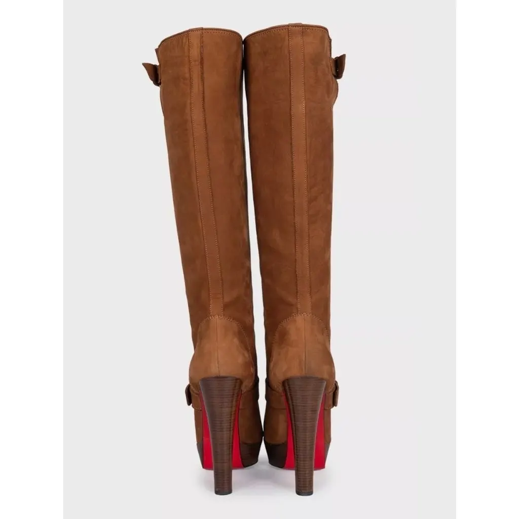 Christian Louboutin Brown Suede Boots with Gold Buckles Sz.39.5 Pre-owned Brown Suede Good - Model View