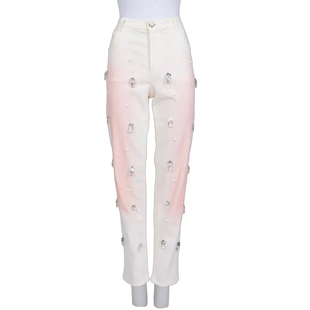 Chanel White Straight-Leg Jeans with Crystal Accents sz.42 Pre-owned White Cotton Good - Front View