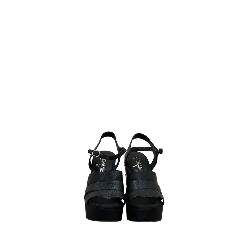 Chanel 2019 Black CC Logo Faux Pearl Platform Sandals Sz.38.5 Pre-owned Black Leather Good - Back View