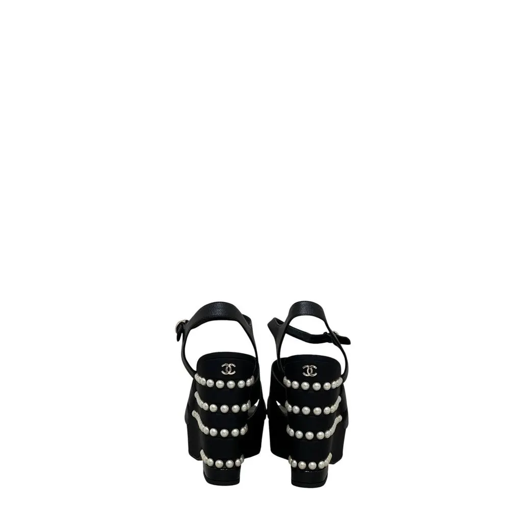 Chanel 2019 Black CC Logo Faux Pearl Platform Sandals Sz.38.5 Pre-owned Black Leather Good - Inside View
