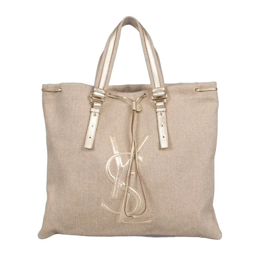 Saint Laurent Vintage Shopper Signature Logo Bag Pre-owned Beige Leather Good - Front View