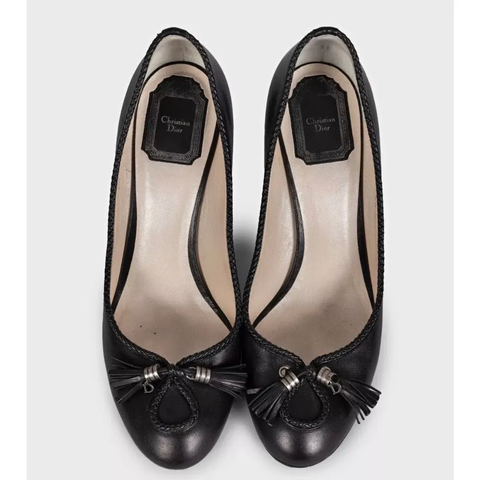Dior Christian Dior Black Leather Sculpted Heel Bow Shoes Sz.39.5 Pre-owned Black Leather Good - Back View