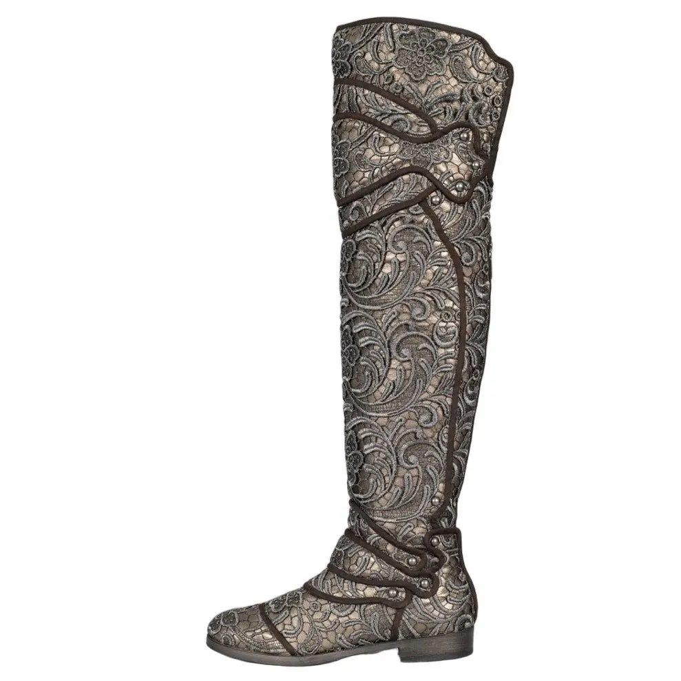 Dolce & Gabbana Gray Lace-Embellished Leather Over-the-Knee Boots Sz.39 Pre-owned Grey Lace Good - Front View