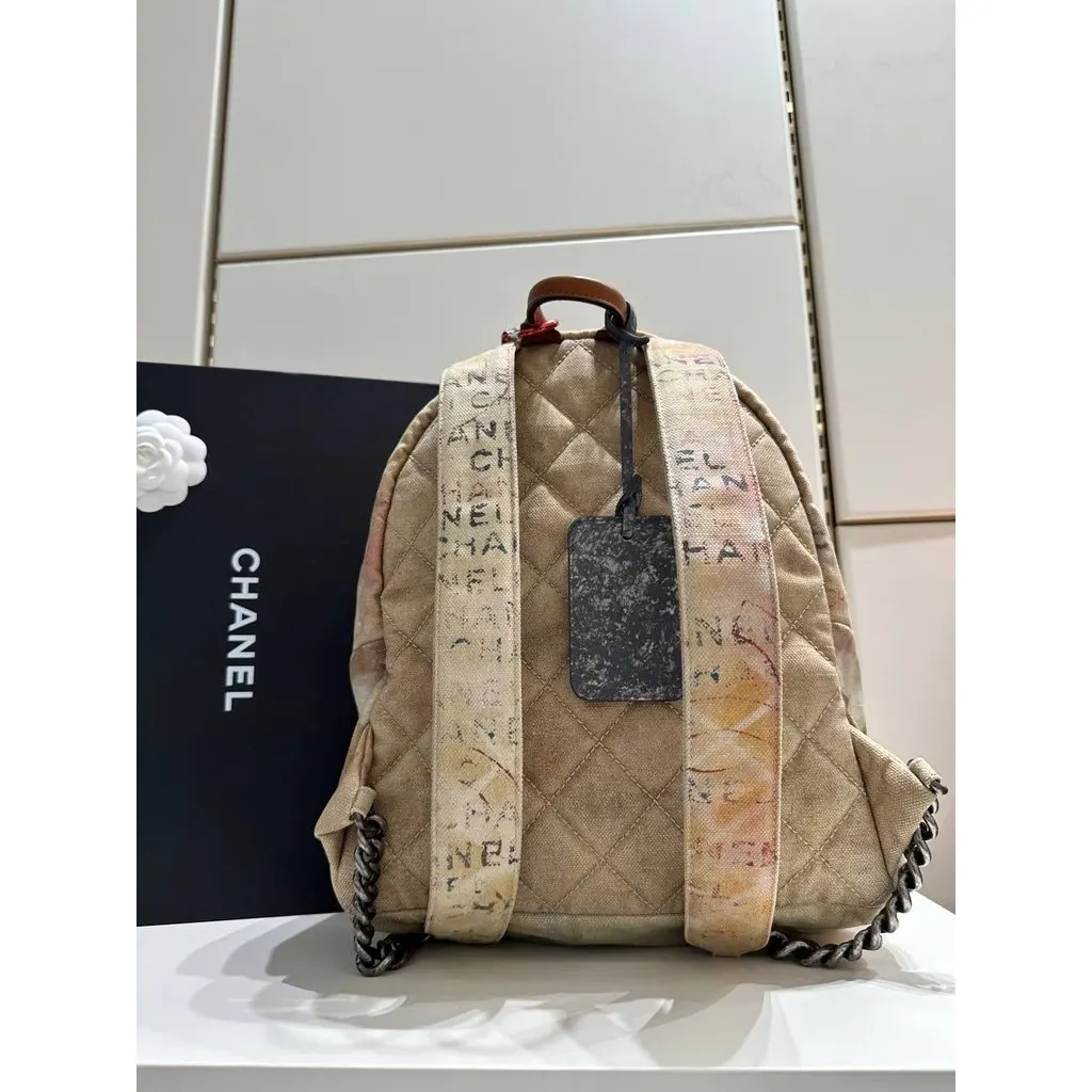 Chanel Graffiti Canvas & Leather Backpack Beige Pre-owned Beige Canvas Good - Inside View