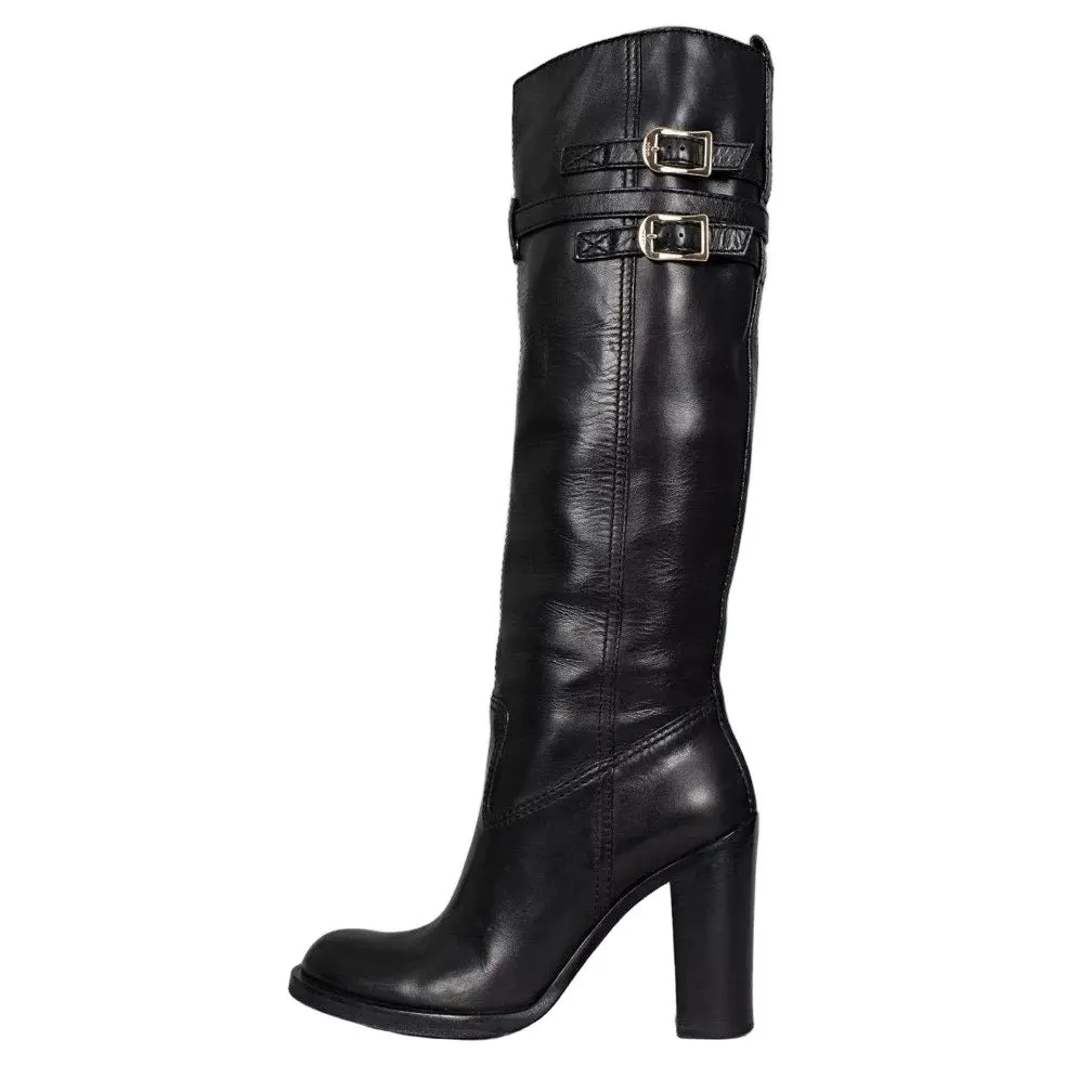 Gucci Black Leather Round Toe Stacked Heel Boots Sz.39.5 Pre-owned Black Leather Good - Front View