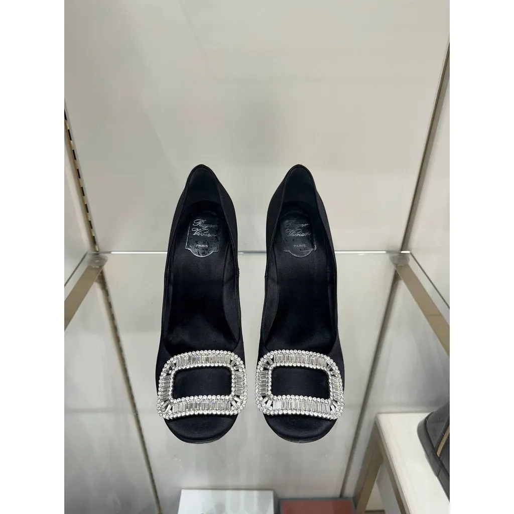 Roger Vivier Black Satin Crystal Buckle Heels Sz.39 pre-owned Black Satin Good - Back View