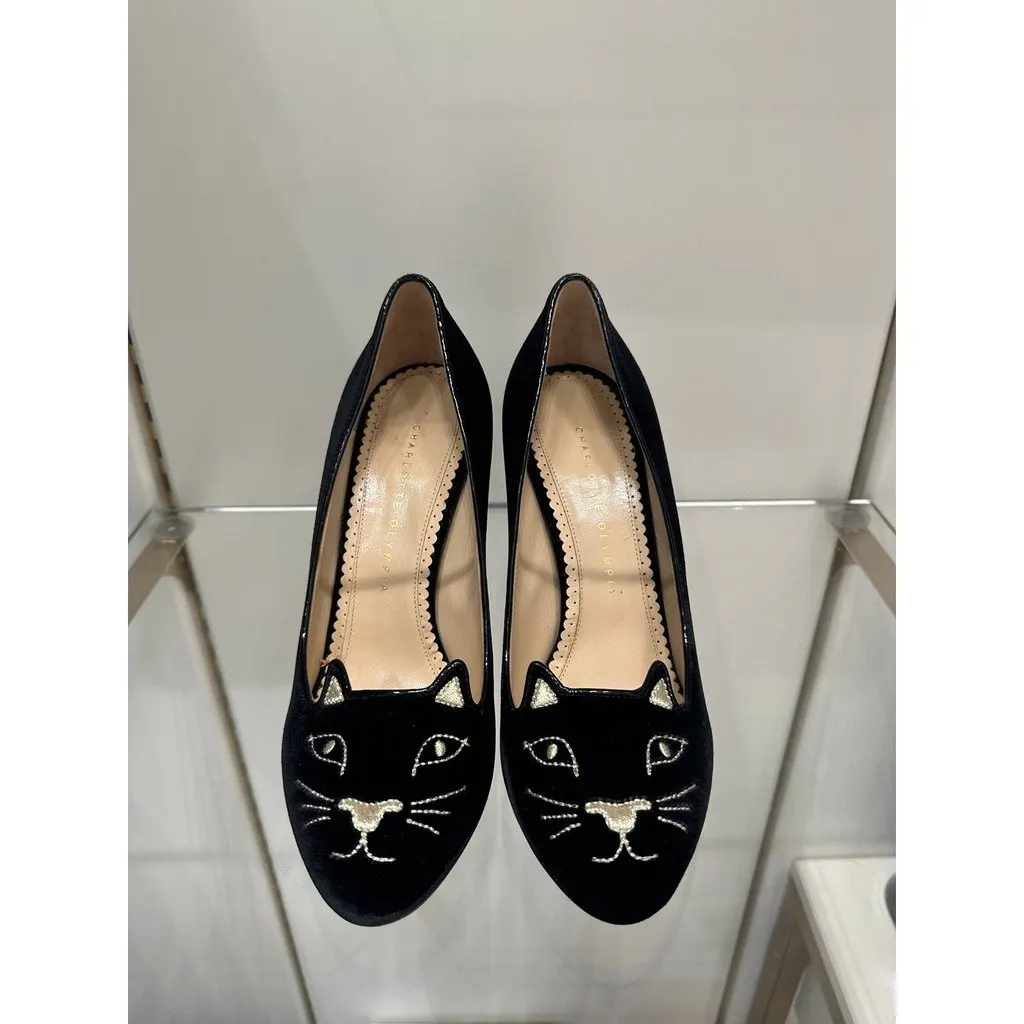 Charlotte Olympia NWOB Charlotte Olympia Black Velvet Kitty 110 Pumps - Size 39 Pre-owned Black Velvet Never worn - Back View