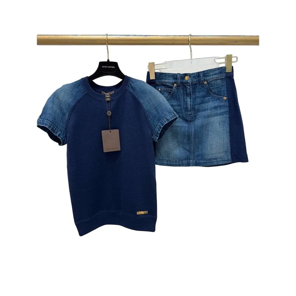 Louis Vuitton Louis Vuitton Wool & Silk T-Shirt with Denim Sleeves Set - XS Pre-owned Navy Wool Never worn - Front View