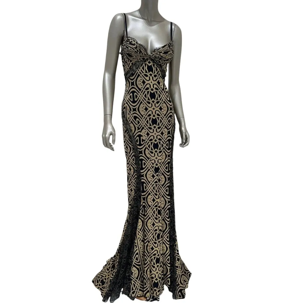 Roberto Cavalli Black & Gold Print Silk Maxi Dress Sz 38 Pre-owned Black Silk Good - Front View