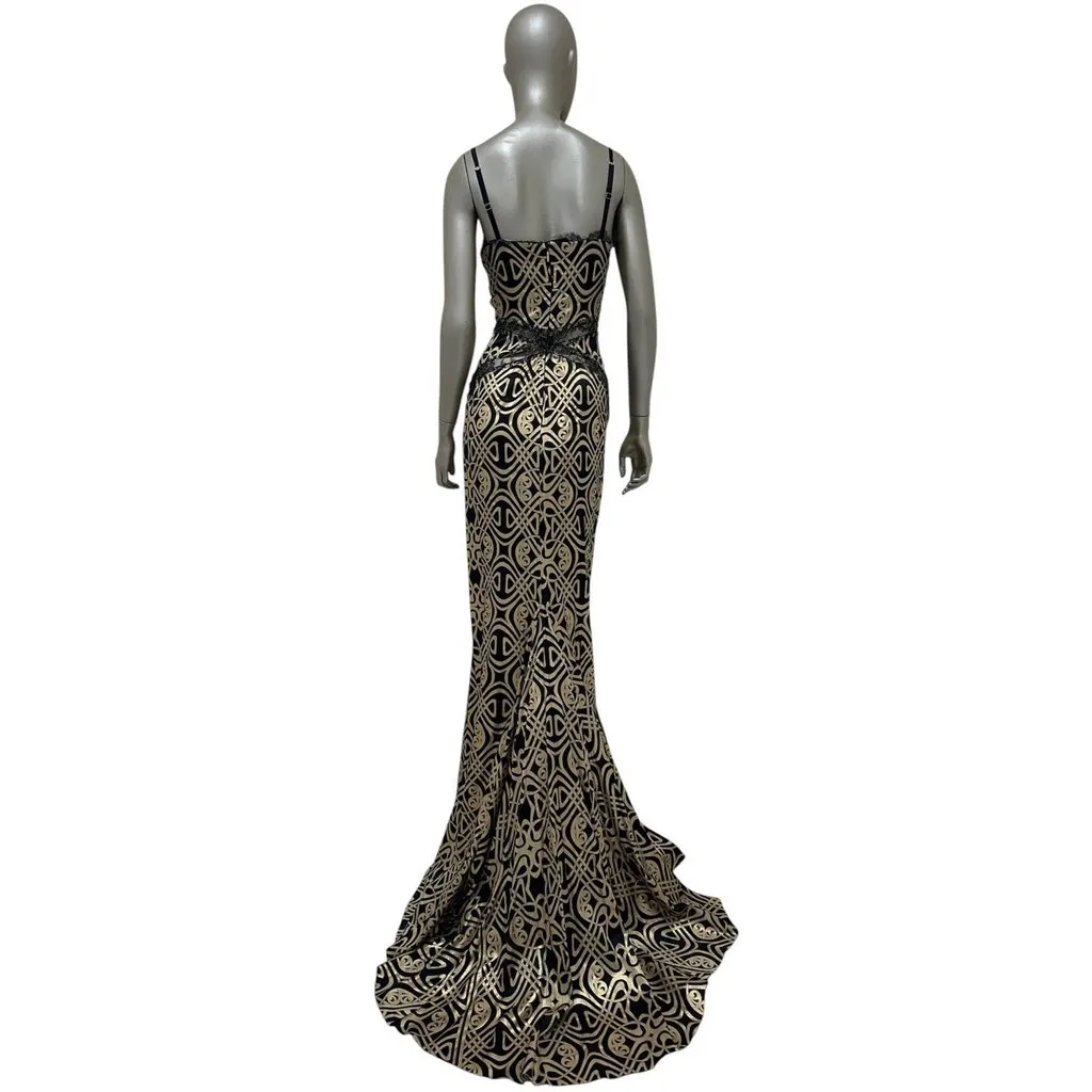 Roberto Cavalli Black & Gold Print Silk Maxi Dress Sz 38 Pre-owned Black Silk Good - Inside View