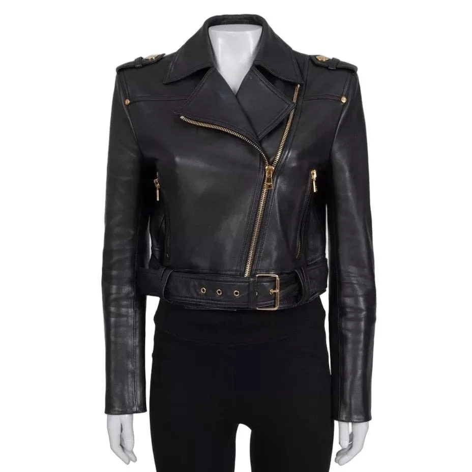 Balmain Cropped Lamb Leather Jacket - Gold Zipper Sz.36 Pre-owned Gold Leather Good - Front View