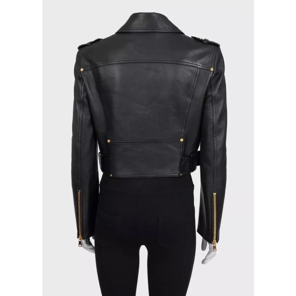 Balmain Cropped Lamb Leather Jacket - Gold Zipper Sz.36 Pre-owned Gold Leather Good - Back View