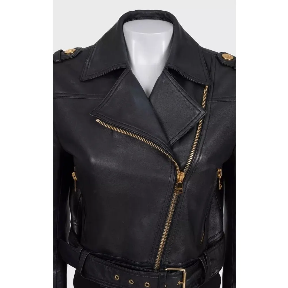 Balmain Cropped Lamb Leather Jacket - Gold Zipper Sz.36 Pre-owned Gold Leather Good - Inside View