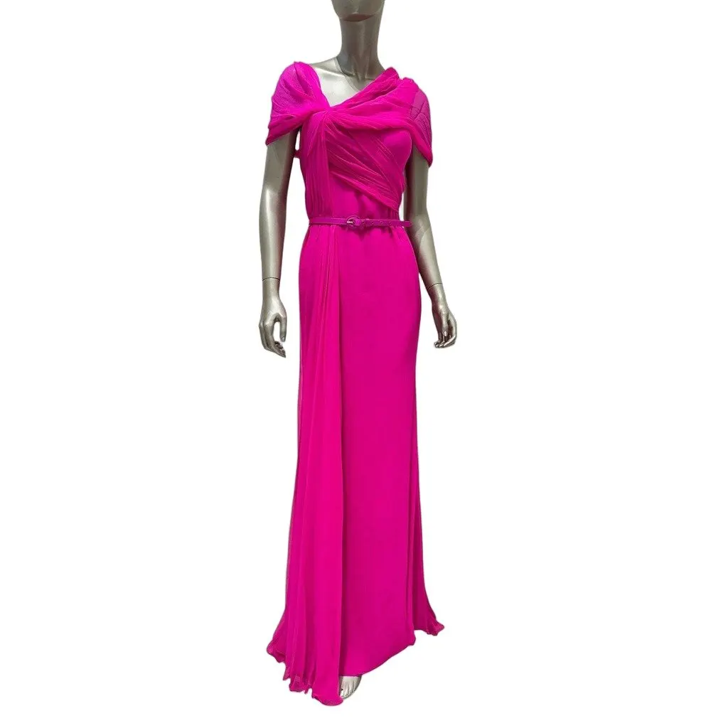 Oscar de la Renta Fuchsia Silk Draped Evening Gown Dress Sz.4/S Pre-owned Pink Silk Good - Front View