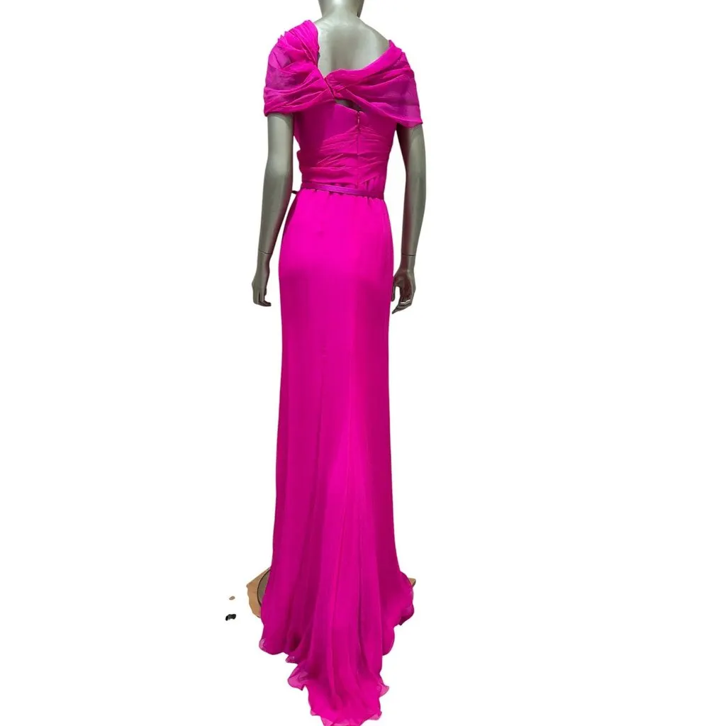Oscar de la Renta Fuchsia Silk Draped Evening Gown Dress Sz.4/S Pre-owned Pink Silk Good - Back View