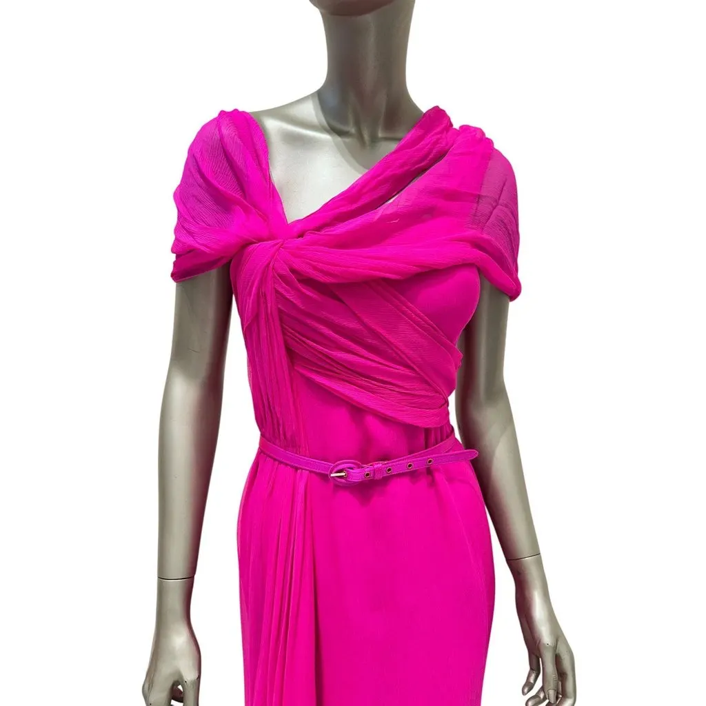 Oscar de la Renta Fuchsia Silk Draped Evening Gown Dress Sz.4/S Pre-owned Pink Silk Good - Inside View