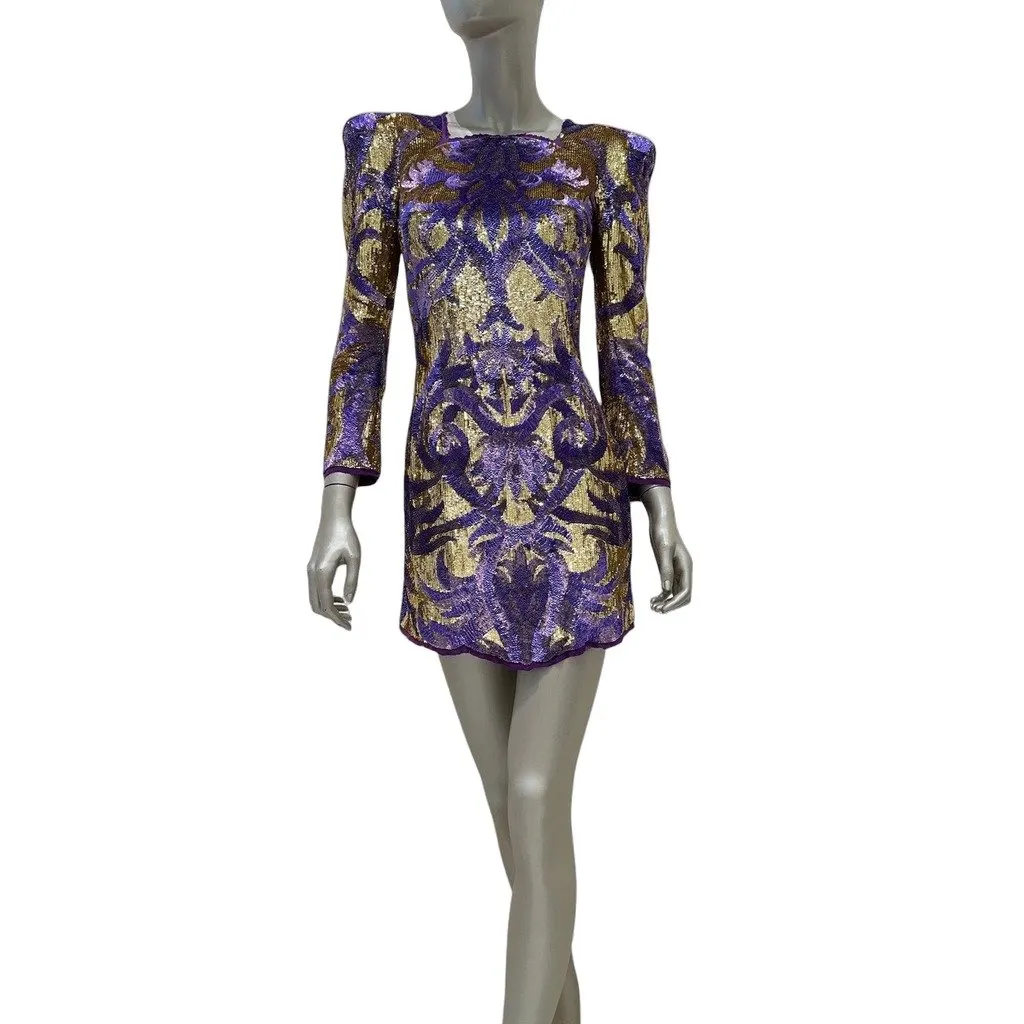 Balmain Embellished Silk Sequin Mini Dress FR 38 Pre-owned Purple Silk Good - Front View