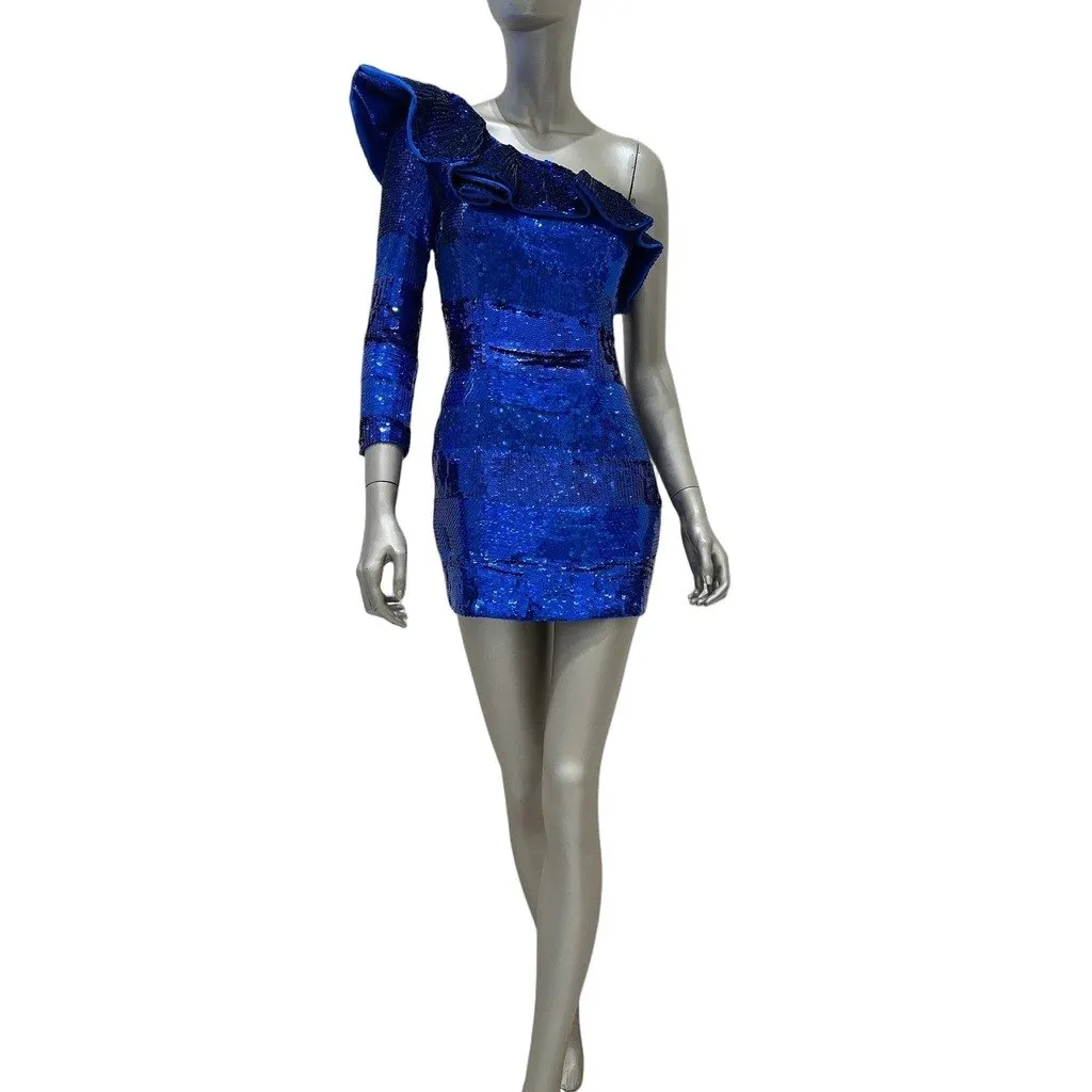 Balmain One-Shoulder Sequin Mini Dress 2009 Size 38 Pre-owned Blue Silk Good - Front View