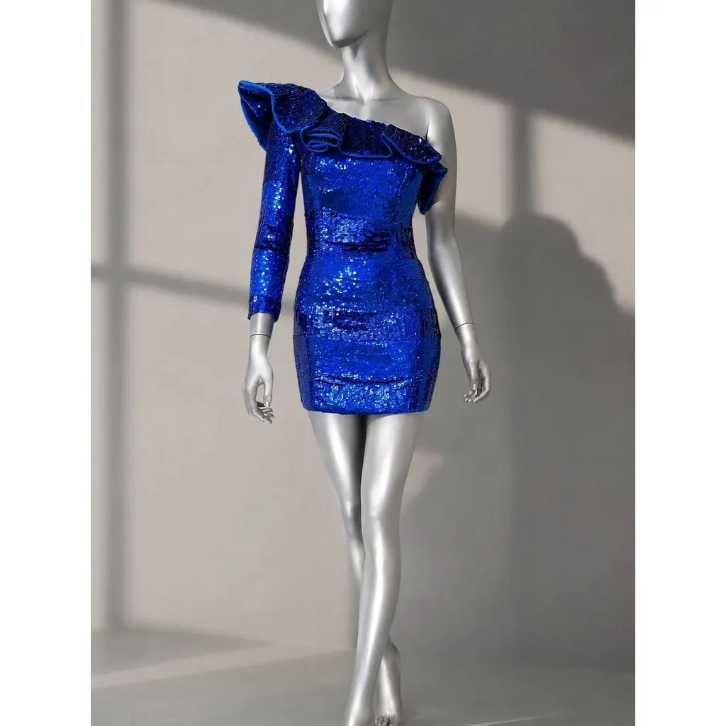 balmain blue sequin dress One-Shoulder Mini 2009 Size 38 Pre-owne Designer Style ID bridesmaid gift Polka Dot Queen Maxi Size:5 yrs