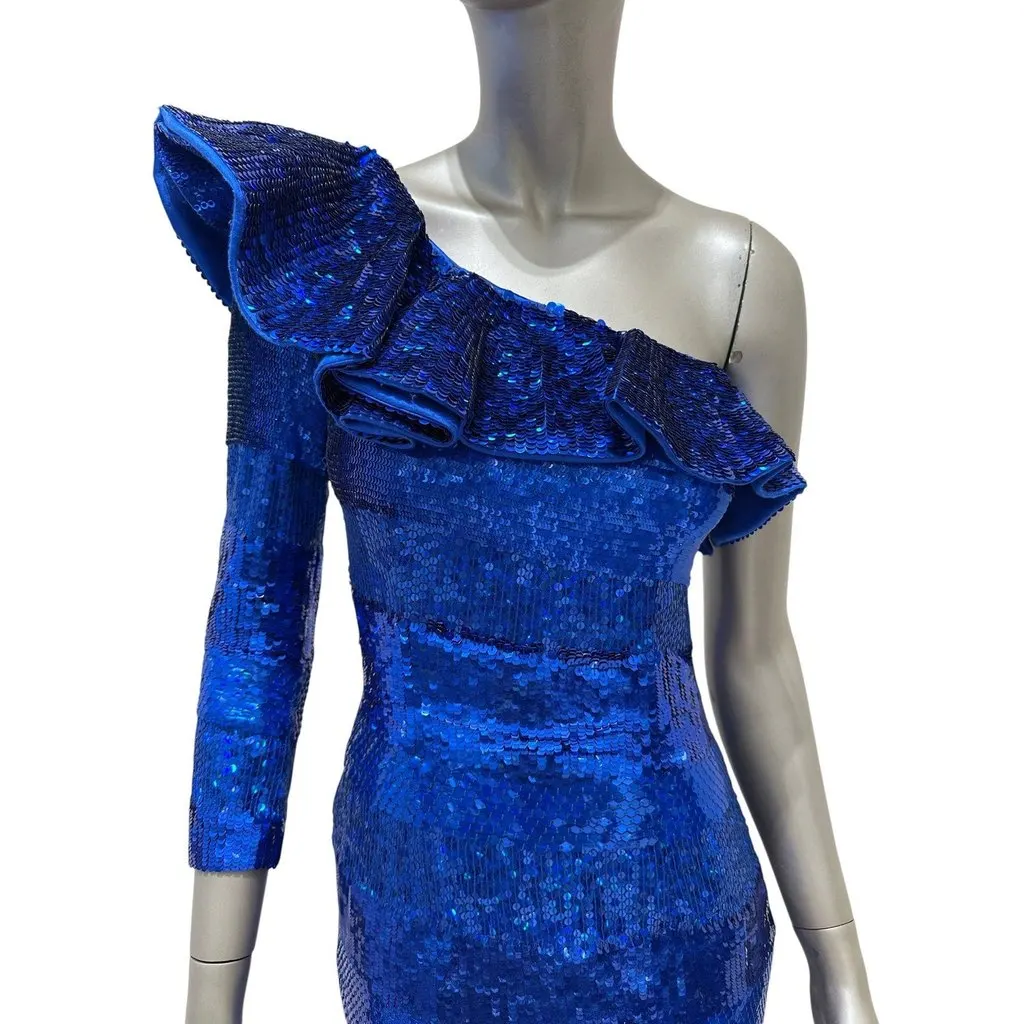 Balmain One-Shoulder Sequin Mini Dress 2009 Size 38 Pre-owned Blue Silk Good - Back View