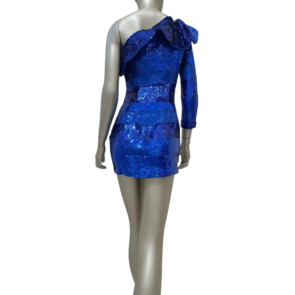 Balmain One-Shoulder Sequin Mini Dress 2009 Size 38 Pre-owned Blue Silk Good - Inside View