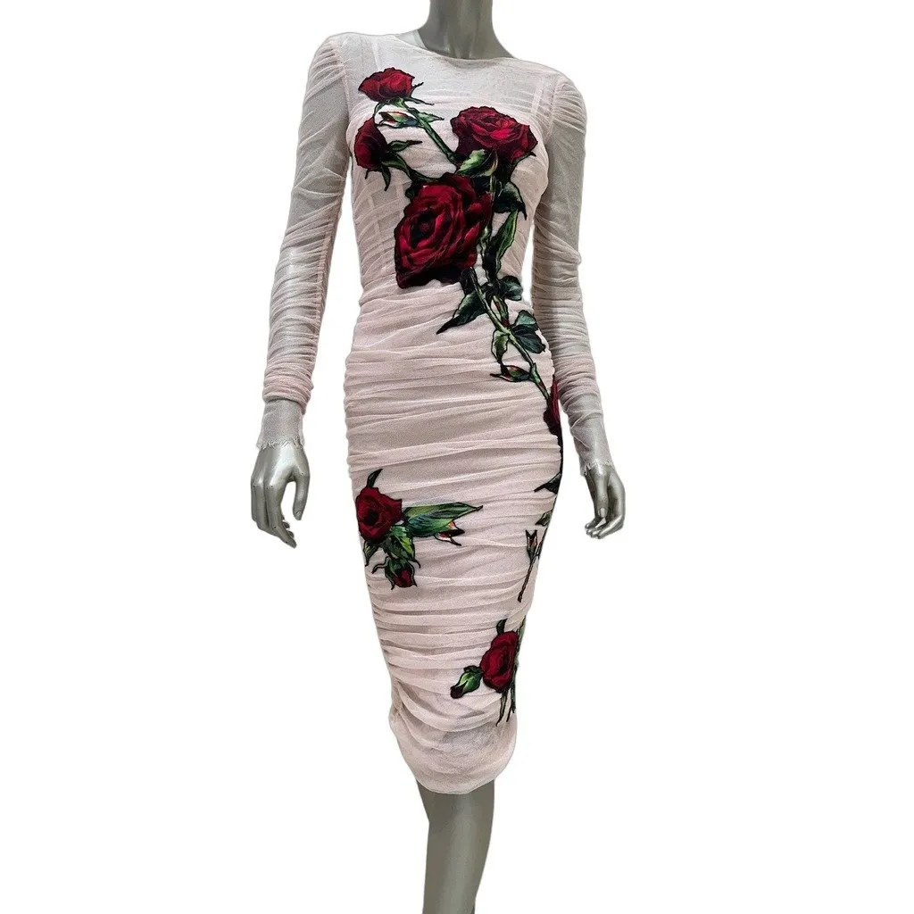 Dolce & Gabbana Ruched Tulle Evening Dress with Rose Appliqué Sz.38 Pre-owned Red Good - Front View