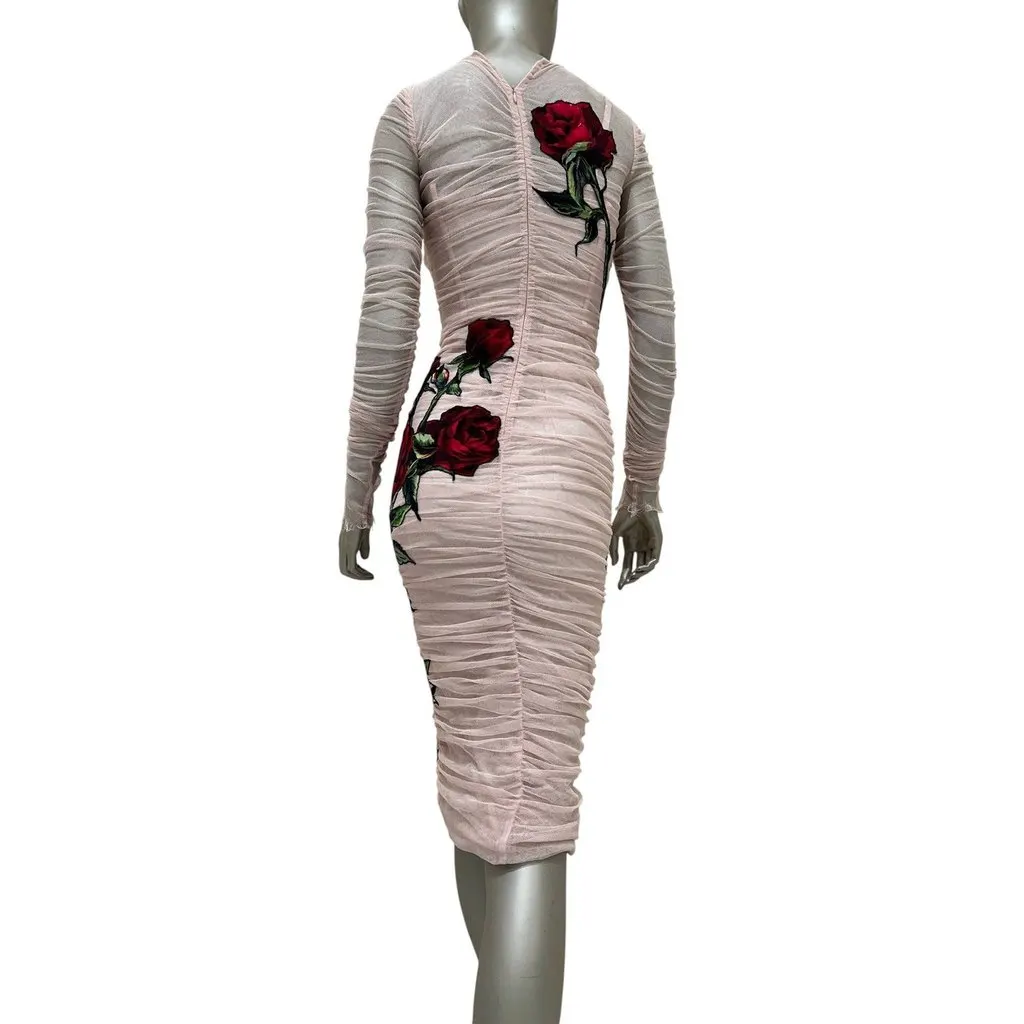 Dolce & Gabbana Ruched Tulle Evening Dress with Rose Appliqué Sz.38 Pre-owned Red Good - Back View
