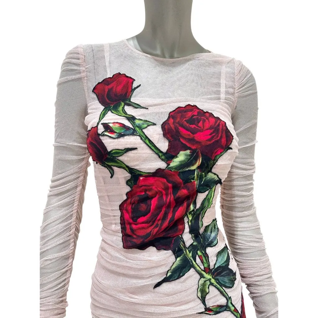 Dolce & Gabbana Ruched Tulle Evening Dress with Rose Appliqué Sz.38 Pre-owned Red Good - Box View