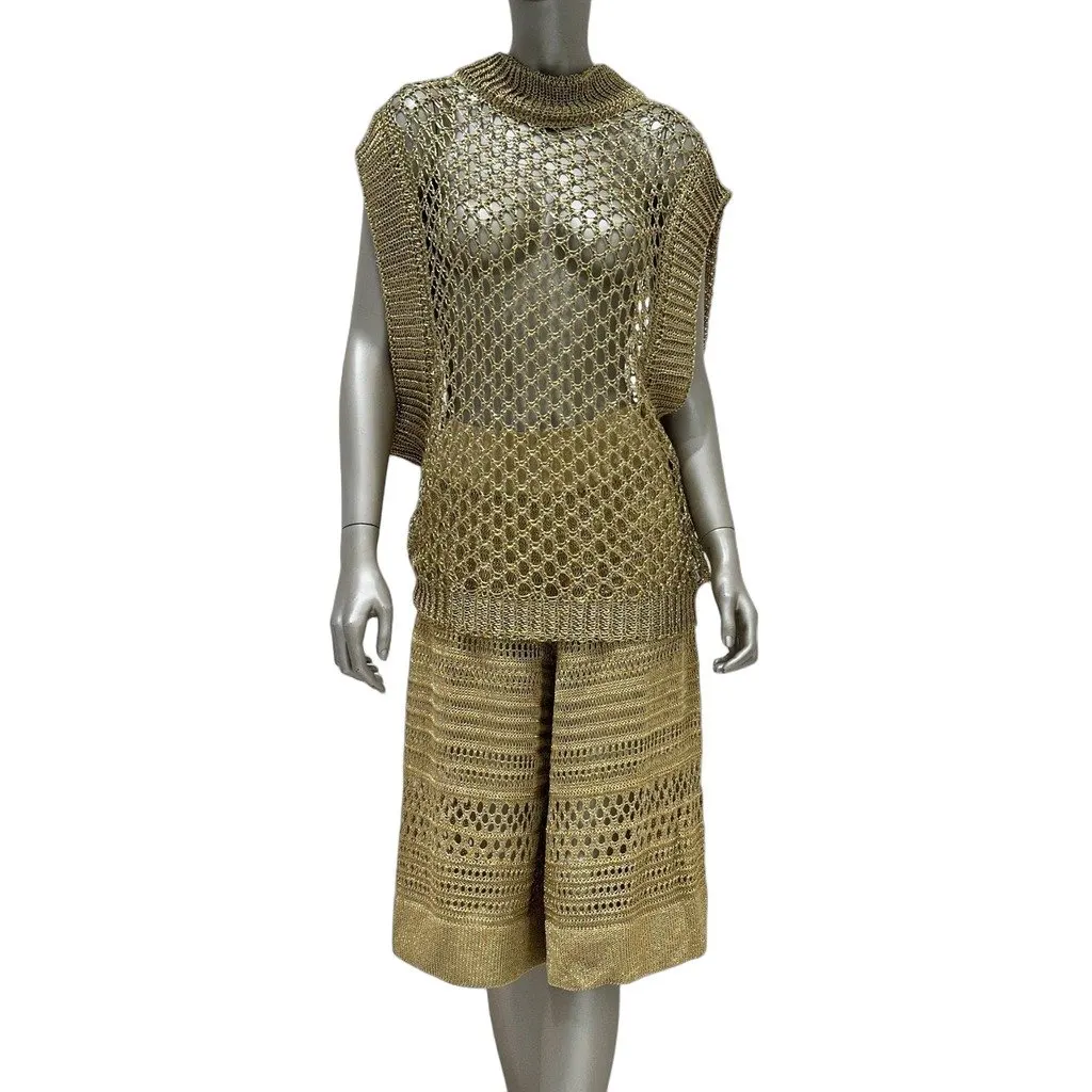 Balmain Gold Open-Knit Top & Bermuda Shorts Set FR 36 Pre-owned Gold Good - Front View
